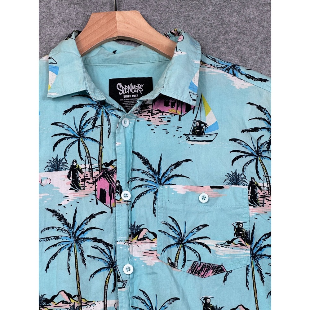 Spencers‎ Grim Reaper Tropical Hawaiian Shirt Mens Large Turquoise Vacation Goth